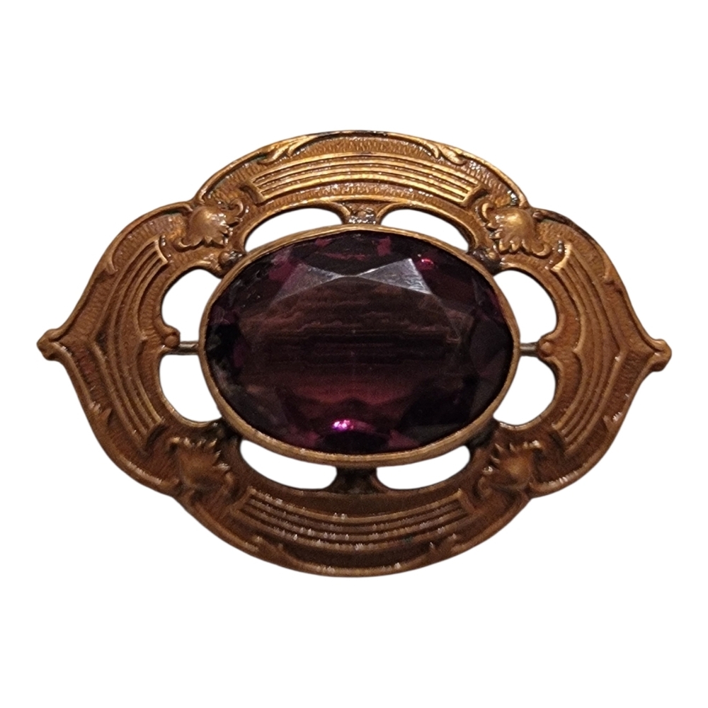 Antique Victorian Art Nouveau Purple Amethyst Glass Goldtone Sash Pin Brooch